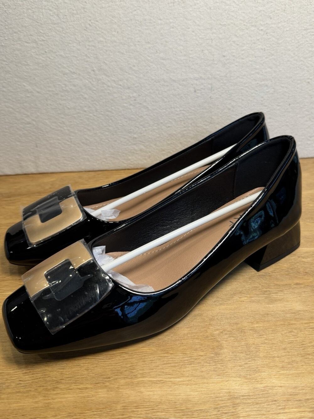 VKF Black Patent Block Heel Pumps Women’s US 7.5 EU 38 Square Toe New